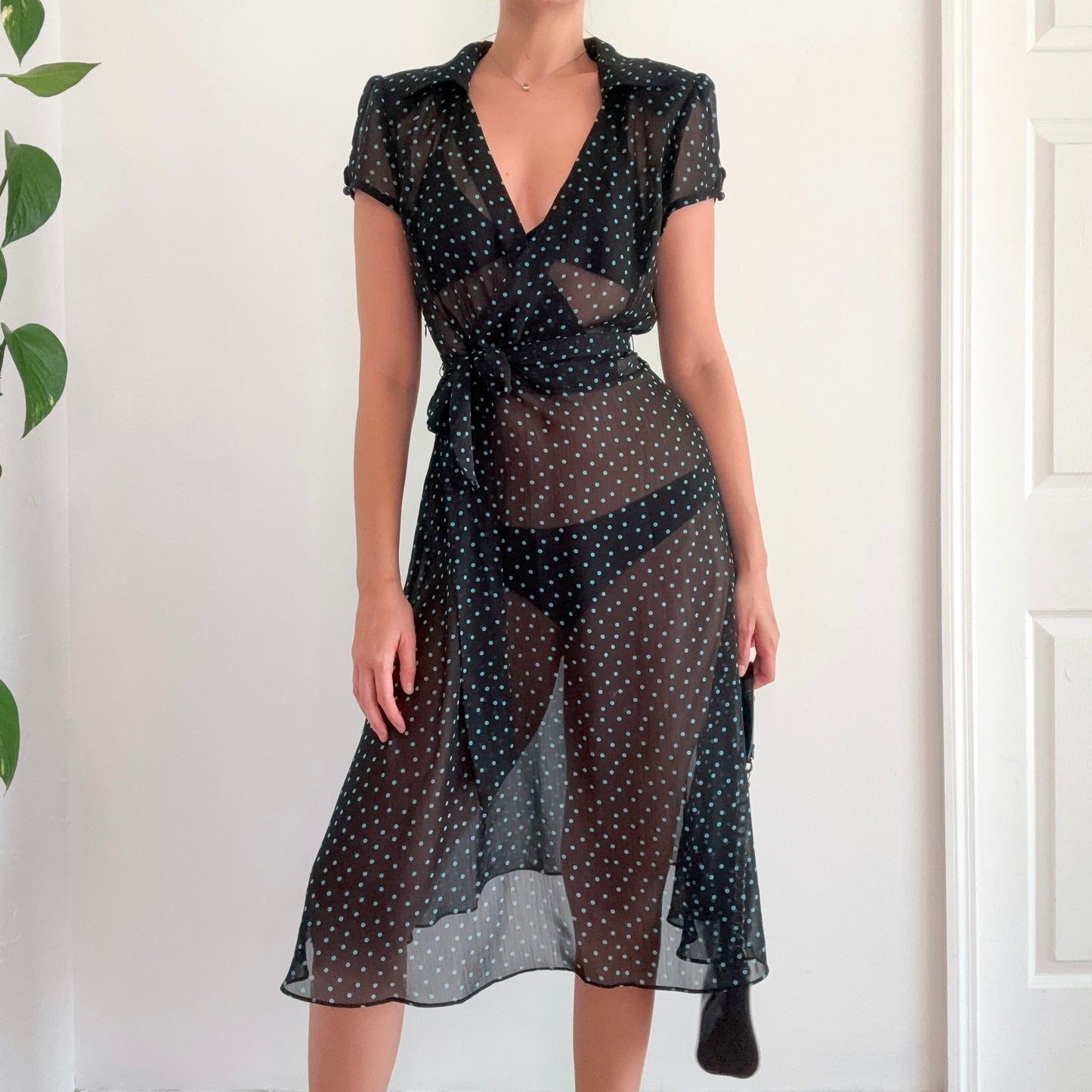 Y2K Black & Cyan Polka Dot Sheer Dress / SZ 6-10