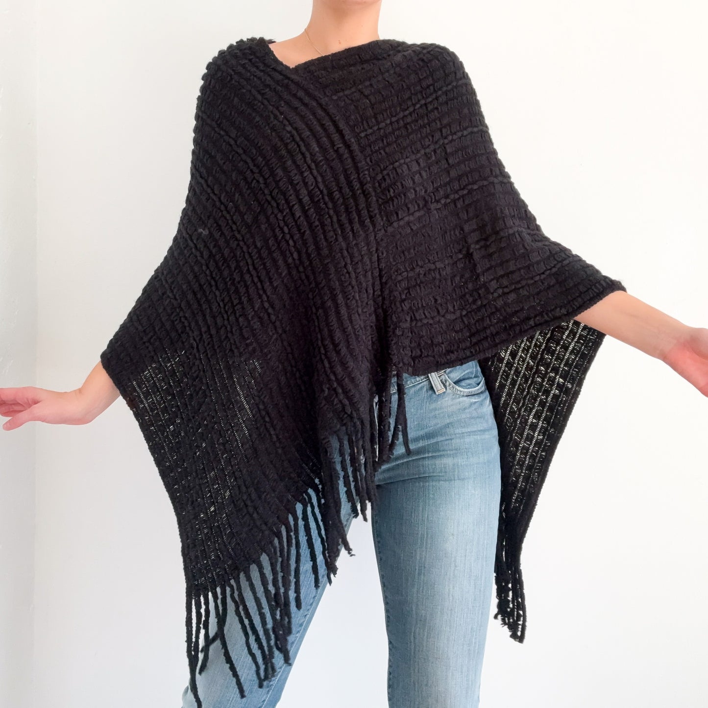 Y2K Black Knit Fringe Poncho / One Size