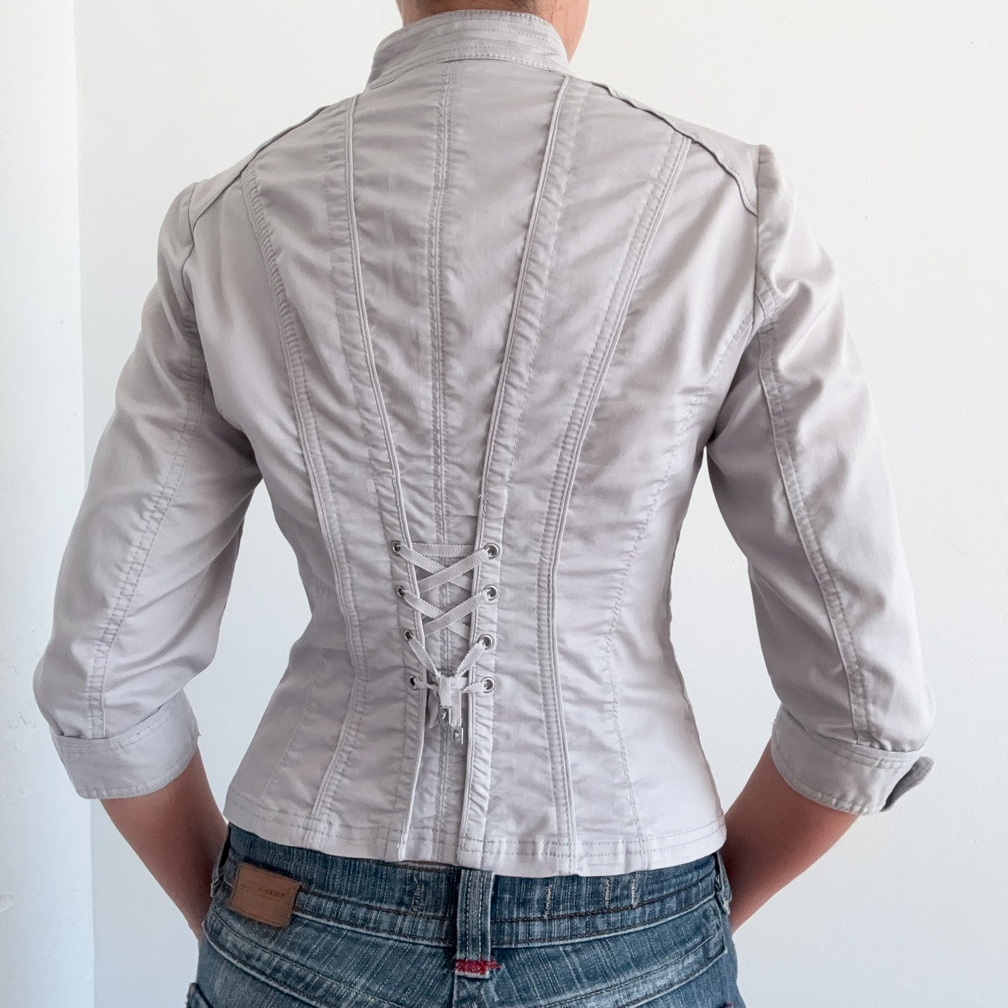 Y2K Light Grey Lace Up Hook Blazer / SZ S