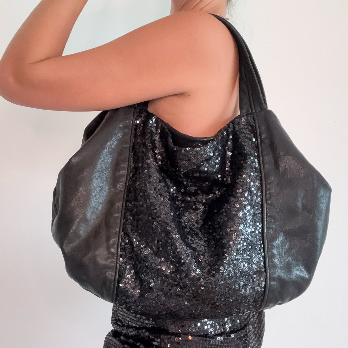 Y2K Black Leather Sequin Handbag