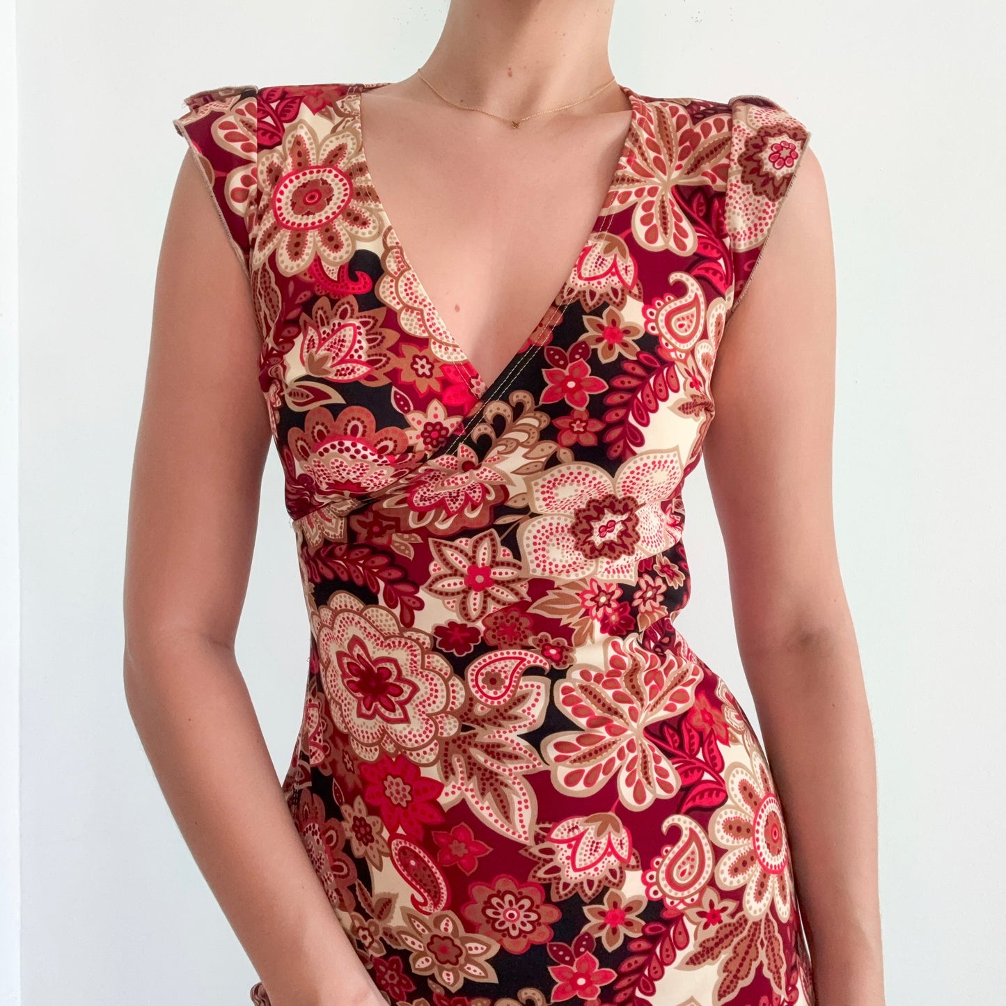 Y2K Maroon & Beige Floral Paisley Midi Dress / SZ S/M