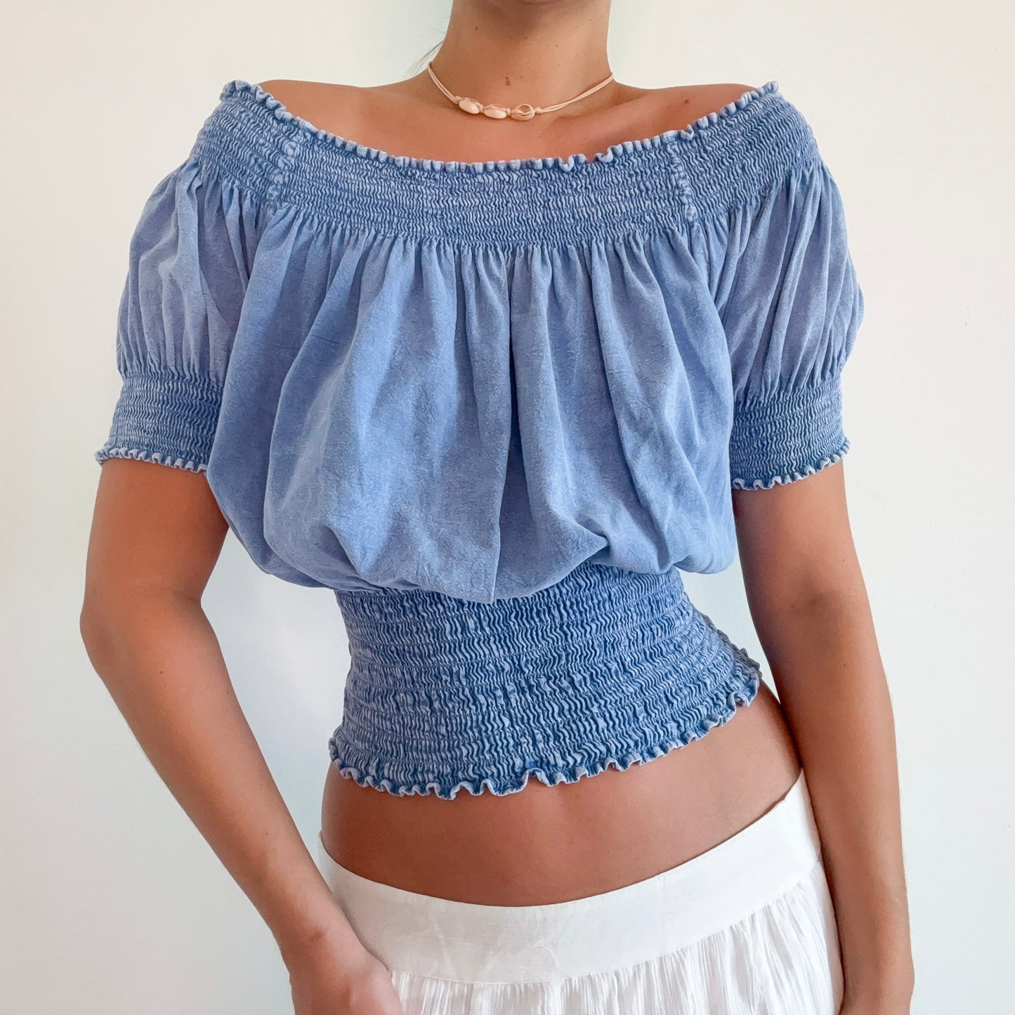 Y2K Faded Blue Smocked Slouchy Top / SZ M-L