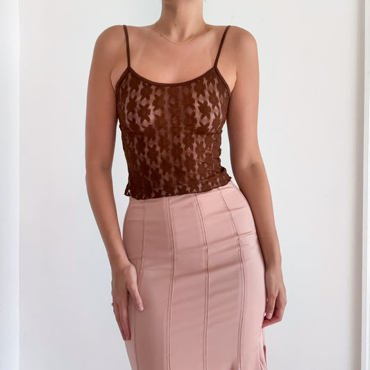 Y2K Brown Flower Mesh Tank / SZ XS-S