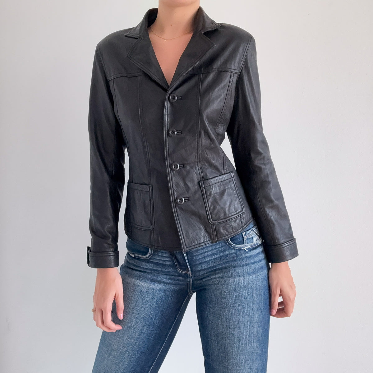 90's Black Leather Blazer Jacket / SZ M
