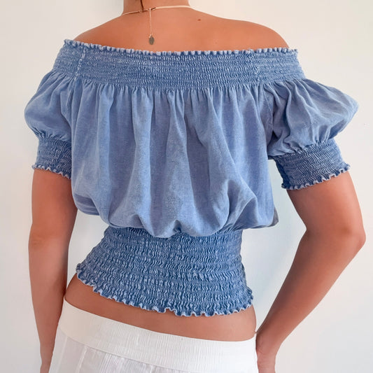 Y2K Faded Blue Smocked Slouchy Top / SZ M-L