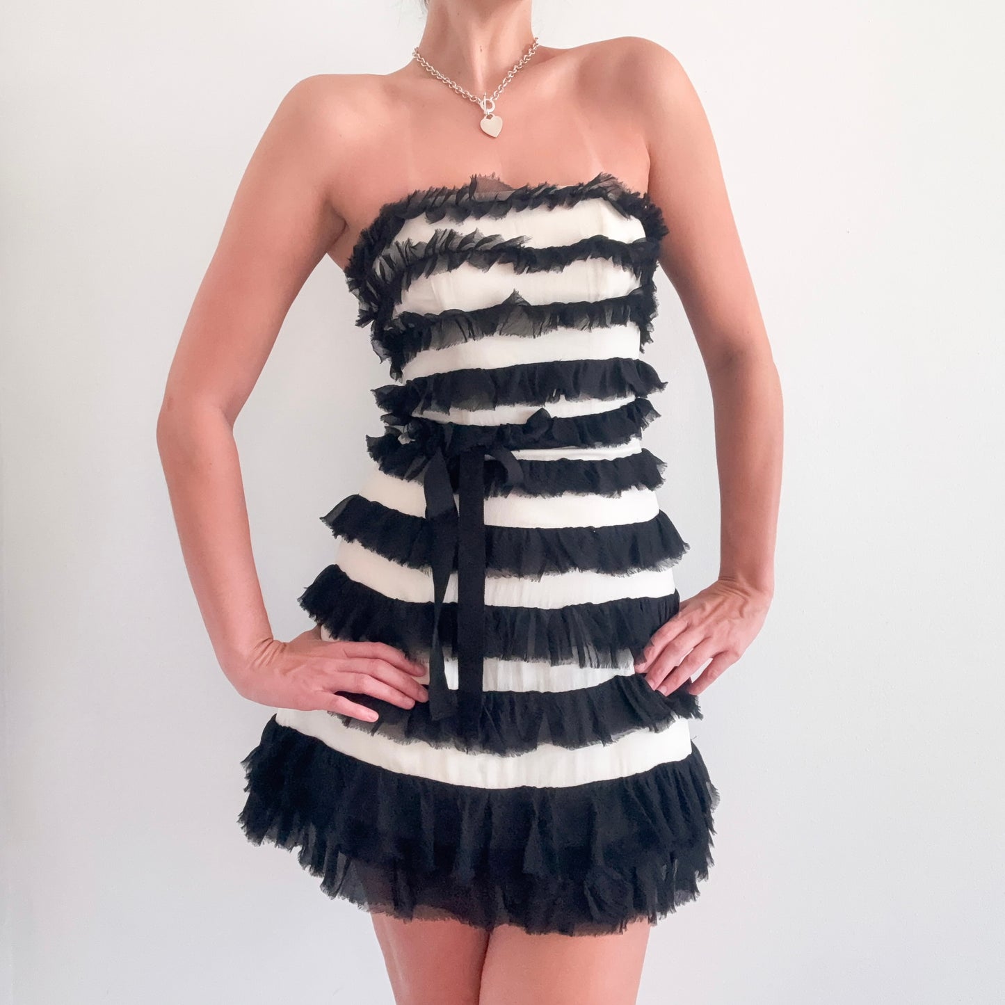 Y2K Ivory & Black Silk Ruffle Mini Dress / SZ 2
