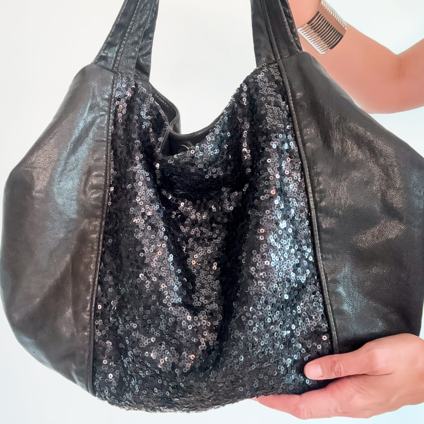 Y2K Black Leather Sequin Handbag