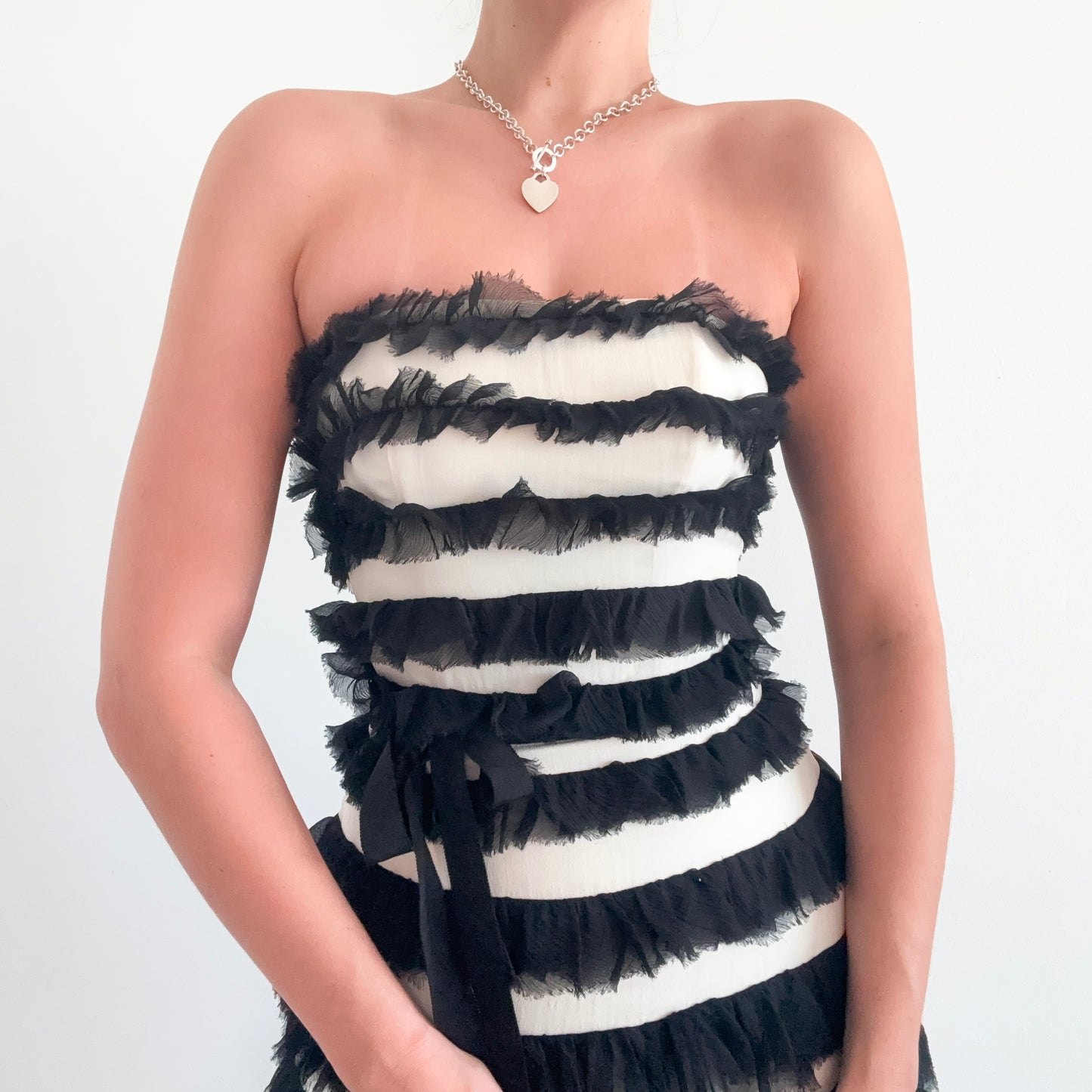 Y2K Ivory & Black Silk Ruffle Mini Dress / SZ 2