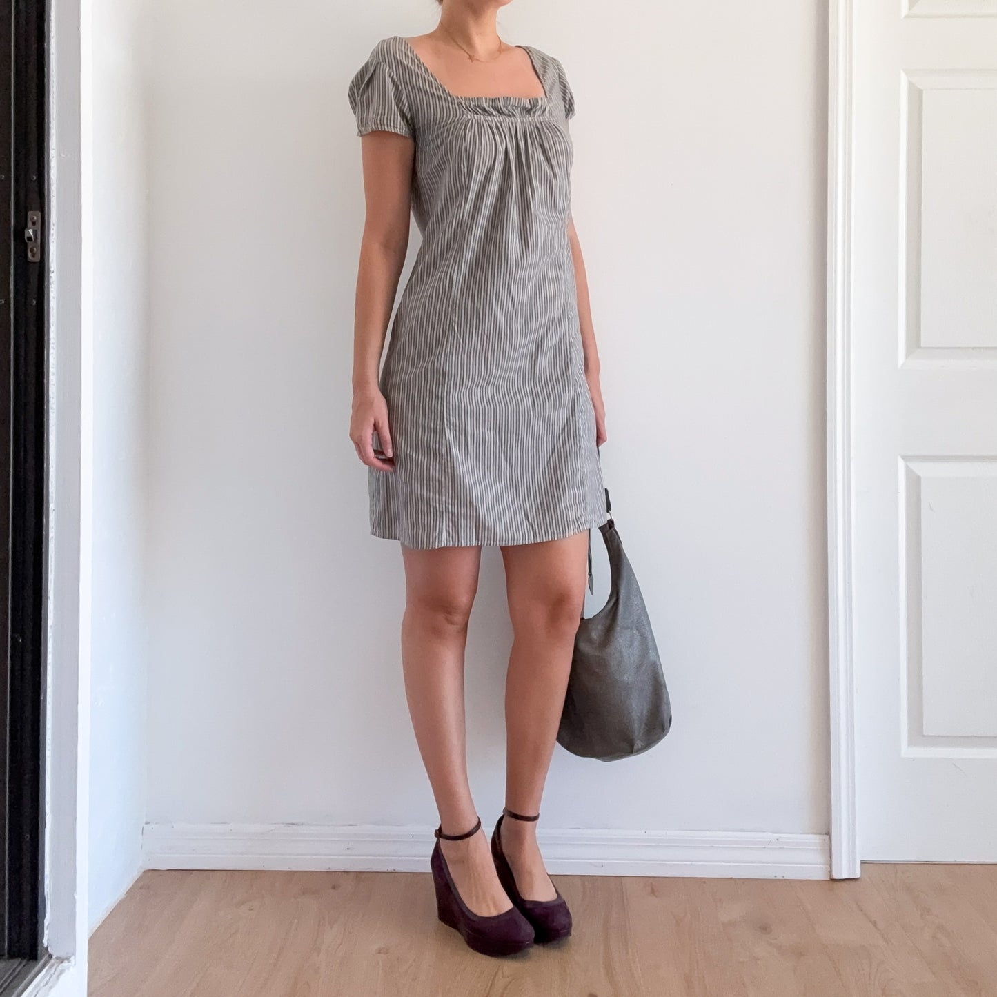 Y2K Grey Striped Cotton Babydoll Dress / SZ S/M