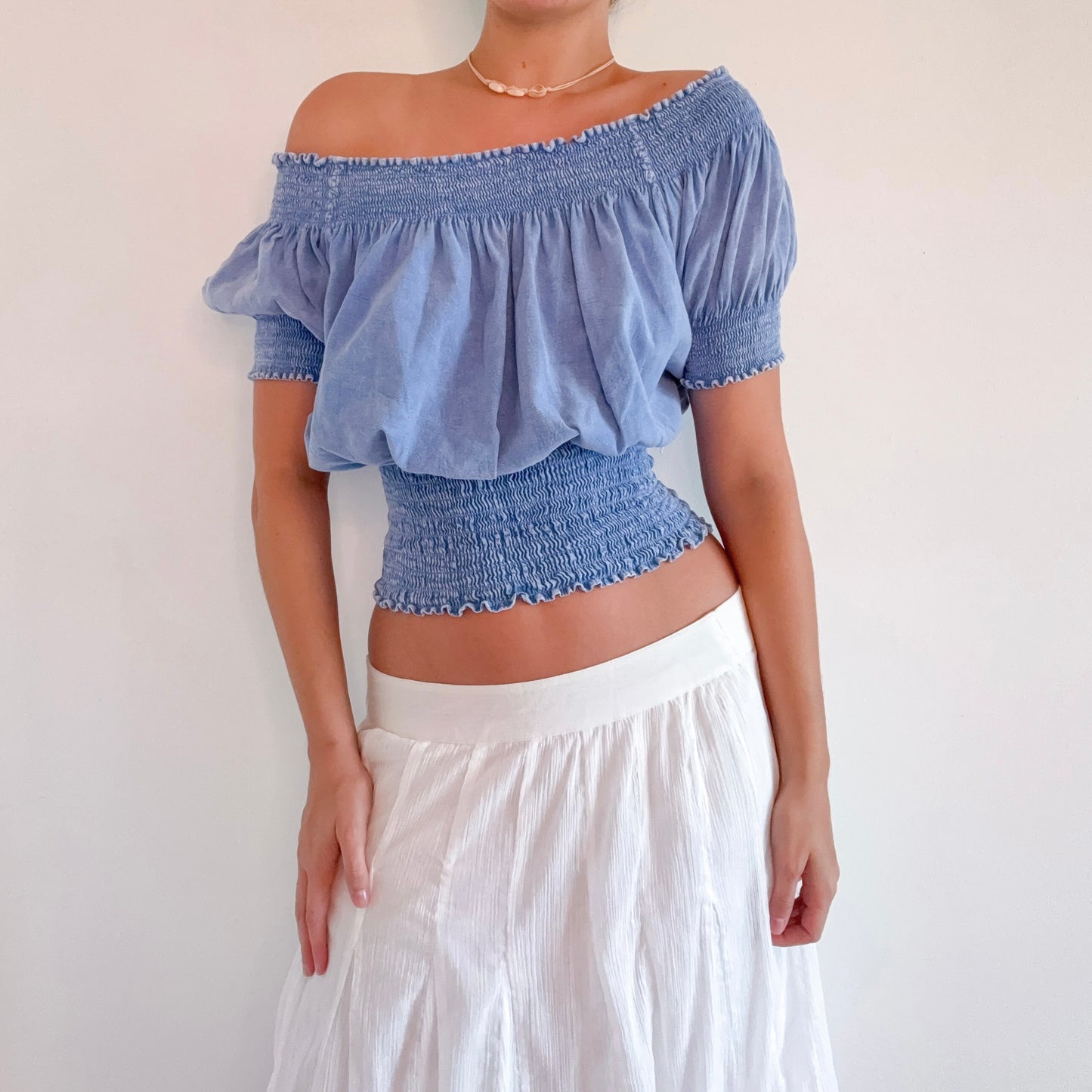 Y2K Faded Blue Smocked Slouchy Top / SZ M-L