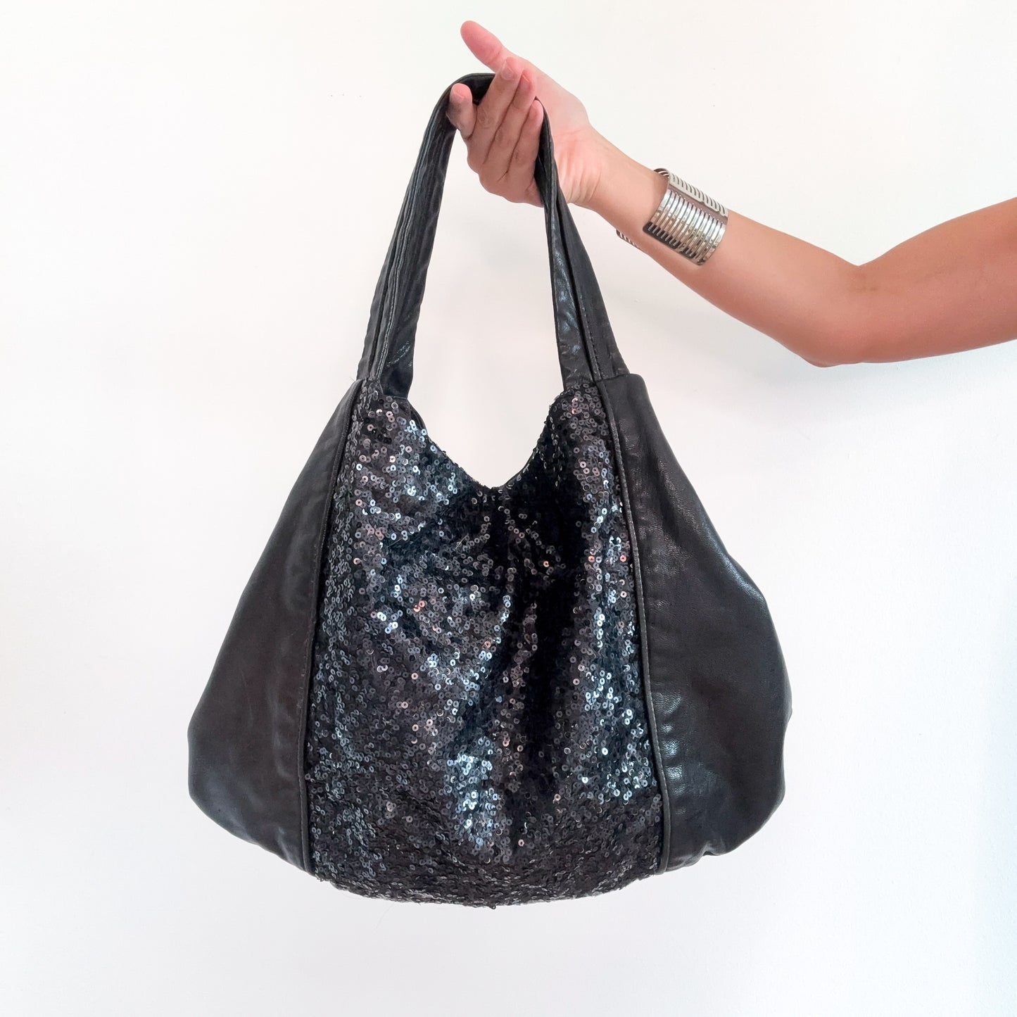 Y2K Black Leather Sequin Handbag