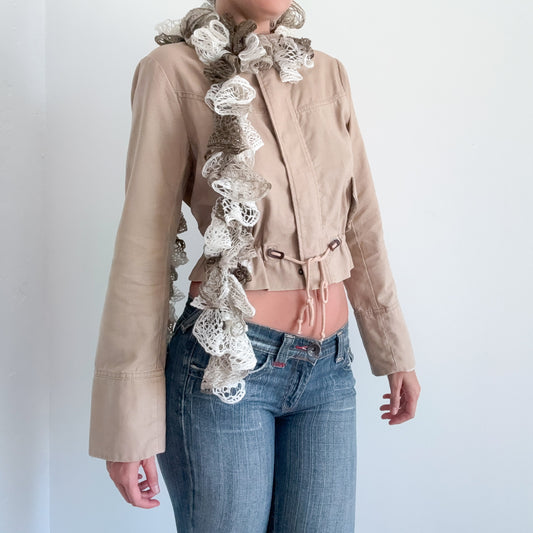 Y2K White & Taupe Knitted Curly Scarf