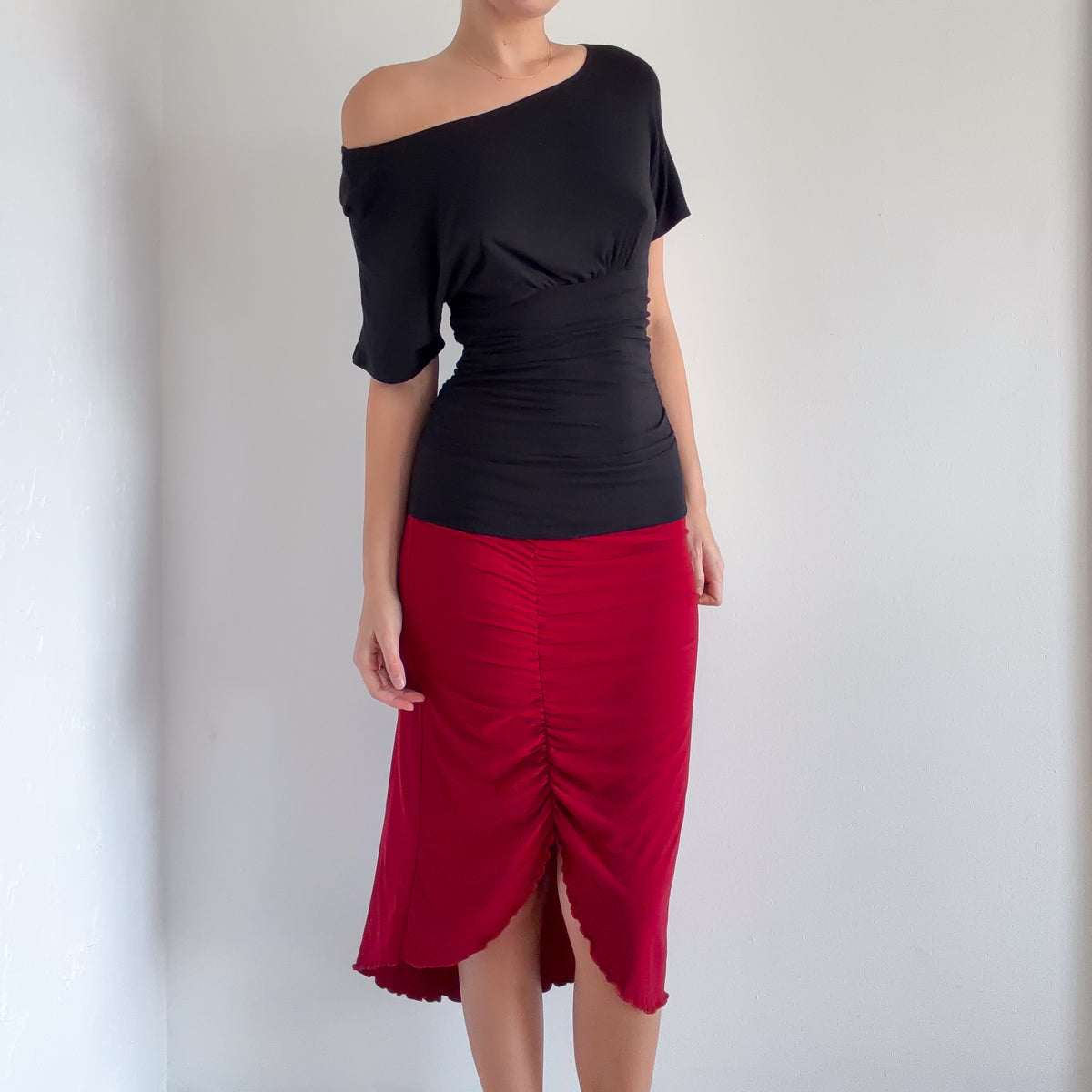 Y2K Burgundy Ruched Midi Skirt / SZ S-M
