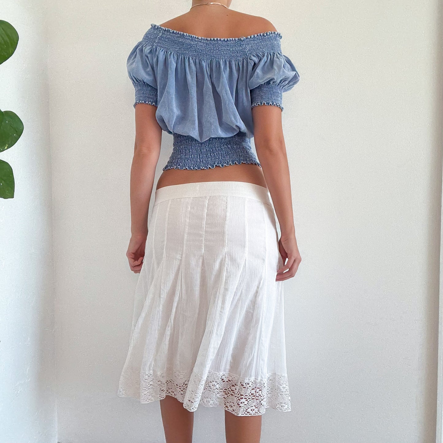 Y2K White Cotton Crochet Pleated Midi Skirt / SZ M-L