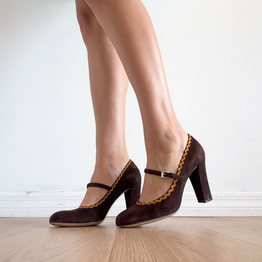 Y2K Brown Suede & Orange Maryjane Pumps / SZ 8.5