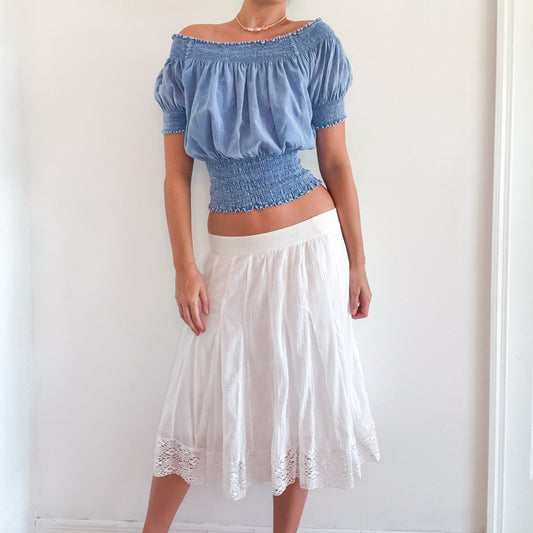 Y2K White Cotton Crochet Pleated Midi Skirt / SZ M-L