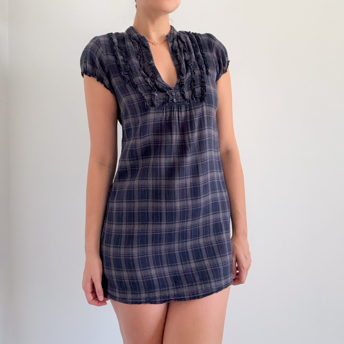 Y2K Navy & Grey Flannel Babydoll Dress / SZ XS/S