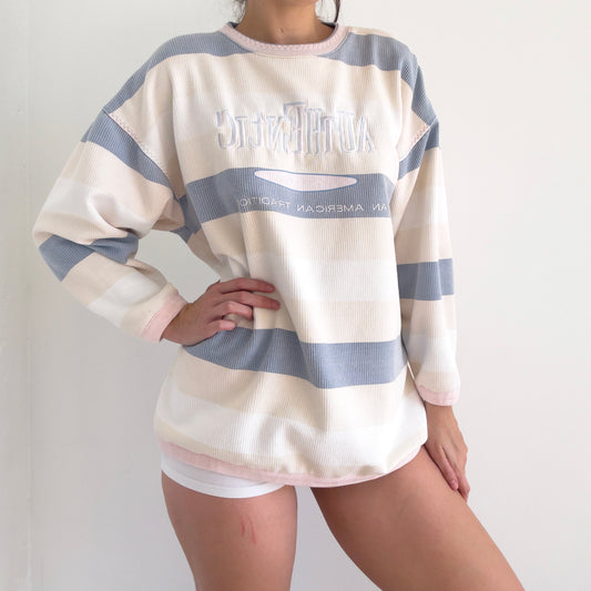 80's Cream Striped Oversized Sweatshirt / SZ M
