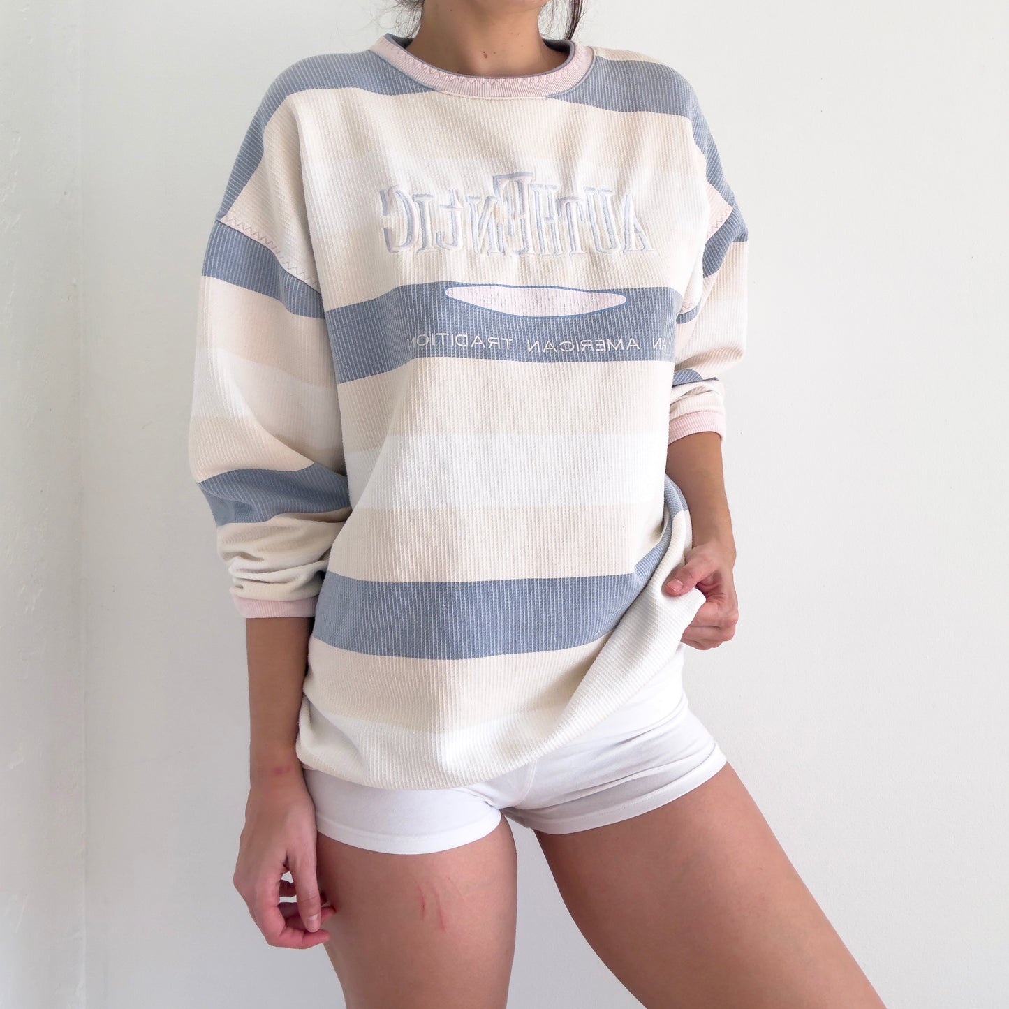 80's Cream Striped Oversized Sweatshirt / SZ M