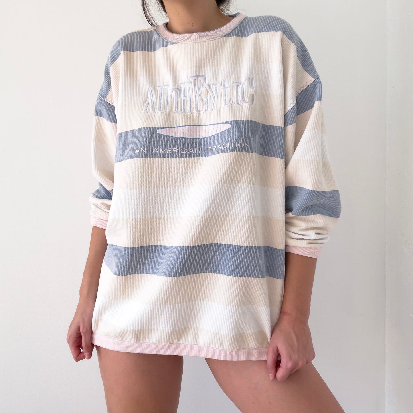 80's Cream Striped Oversized Sweatshirt / SZ M