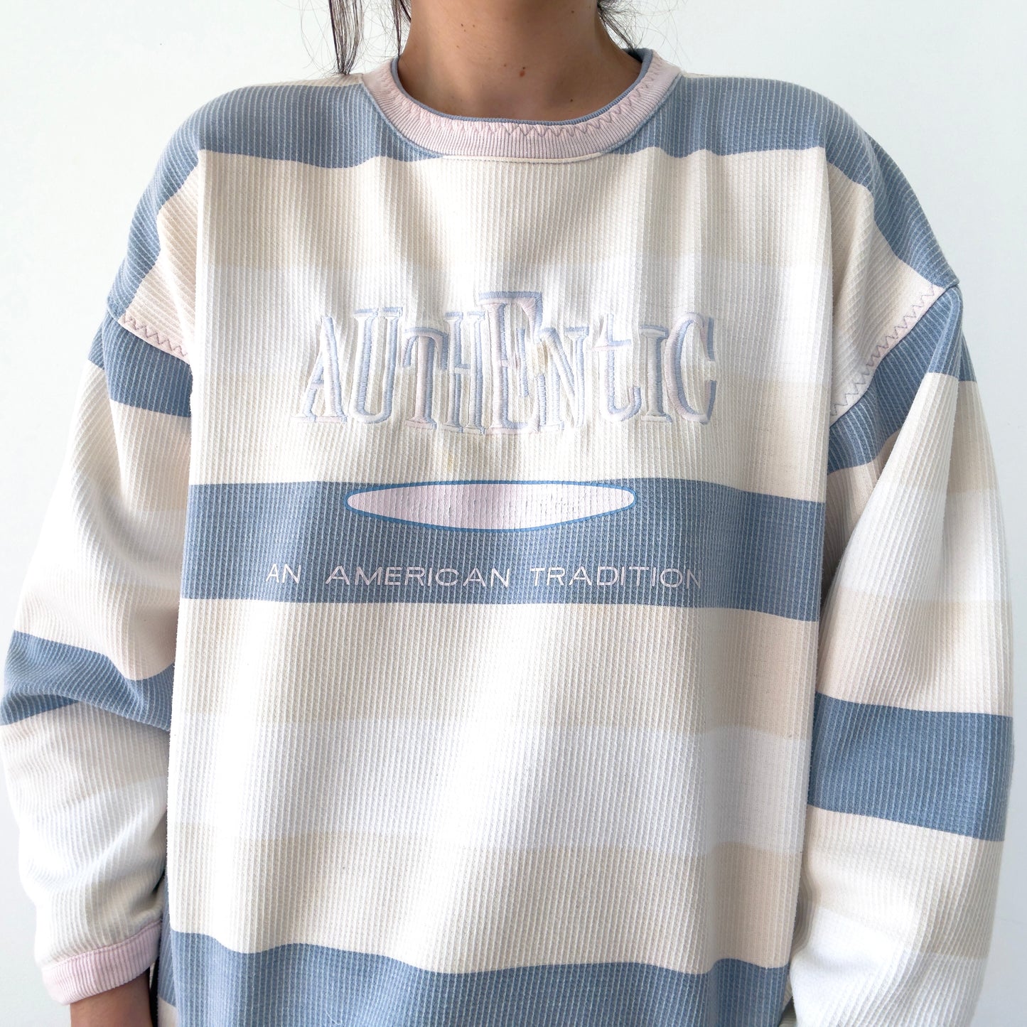 80's Cream Striped Oversized Sweatshirt / SZ M