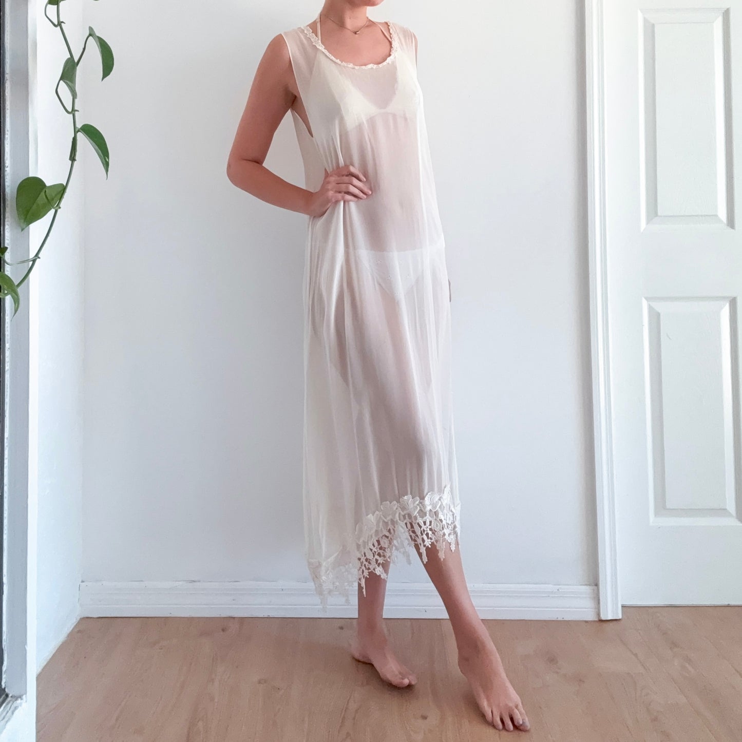 90's Ivory Sheer Rayon Lace Maxi Dress / One Size