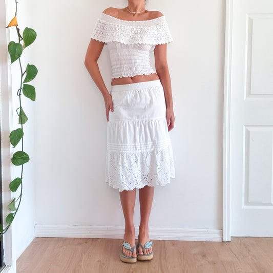 Y2K White Cotton Eyelet Midi Skirt / SZ XS-S