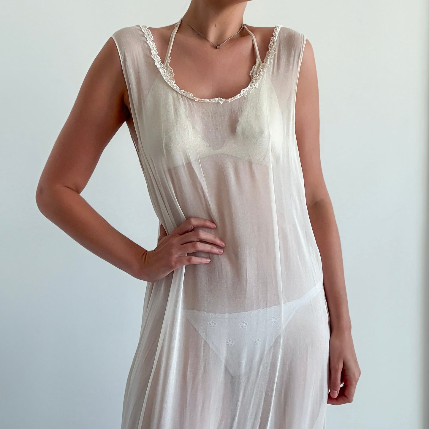 90's Ivory Sheer Rayon Lace Maxi Dress / One Size