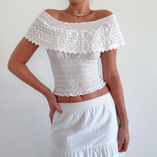 Y2K White Cotton Smocked Beach Top / SZ S-M
