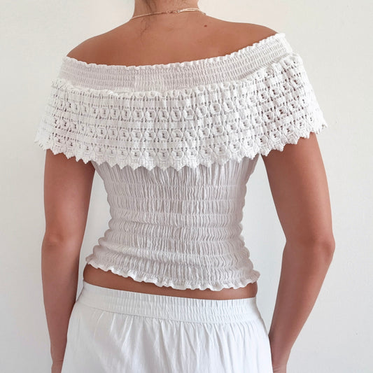 Y2K White Cotton Smocked Beach Top / SZ S-M