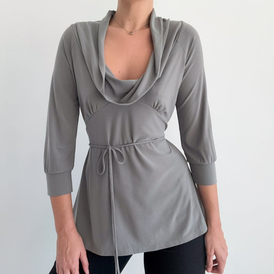 Y2K BCBGMaxAzria Grey Cowl Neck Tie Blouse / SZ M