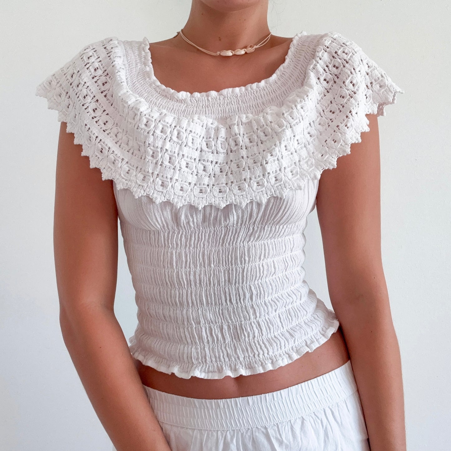 Y2K White Cotton Smocked Beach Top / SZ S-M