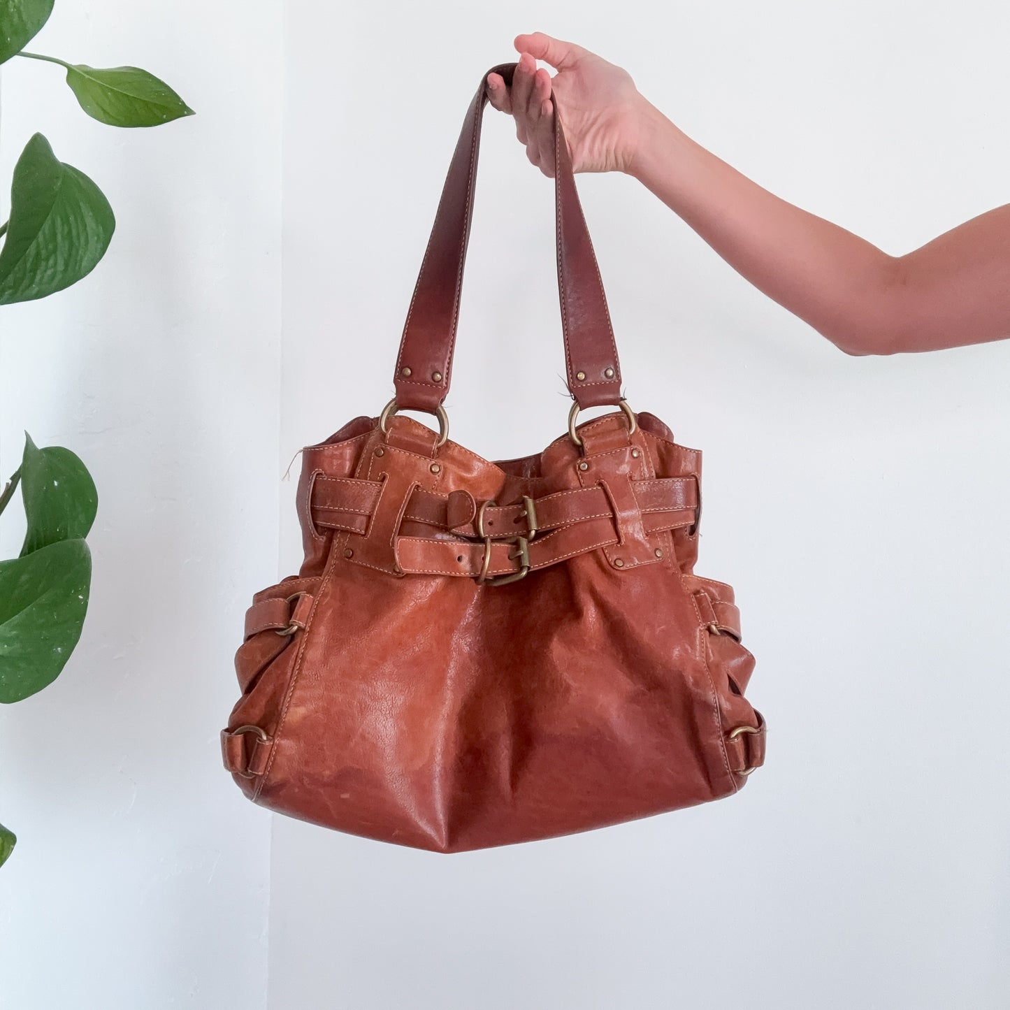 Y2K Light Brown Leather Buckle Handbag