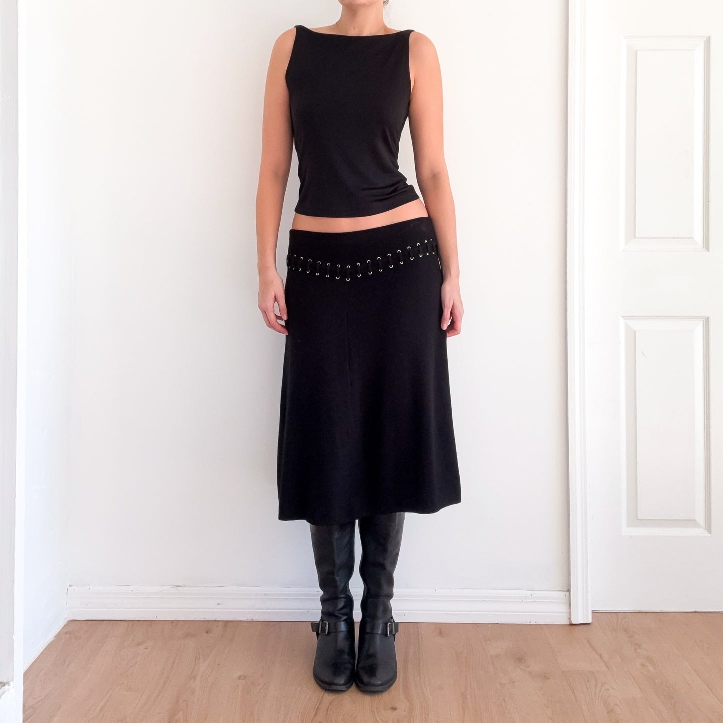 Y2K Black Knit Lace Up Midi Skirt / SZ M-L