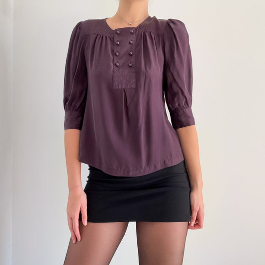 Y2K Eggplant Silk Button Blouse / SZ S