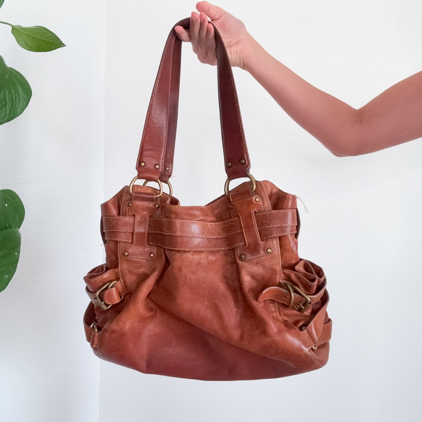 Y2K Light Brown Leather Buckle Handbag