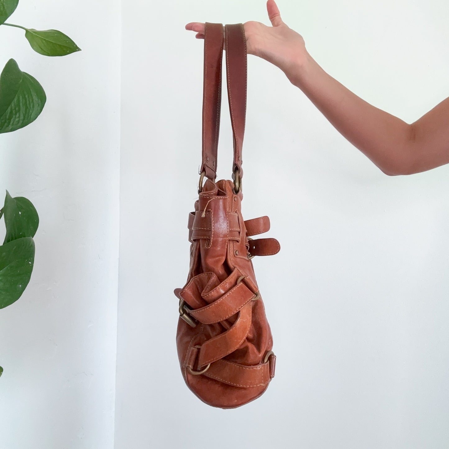 Y2K Light Brown Leather Buckle Handbag