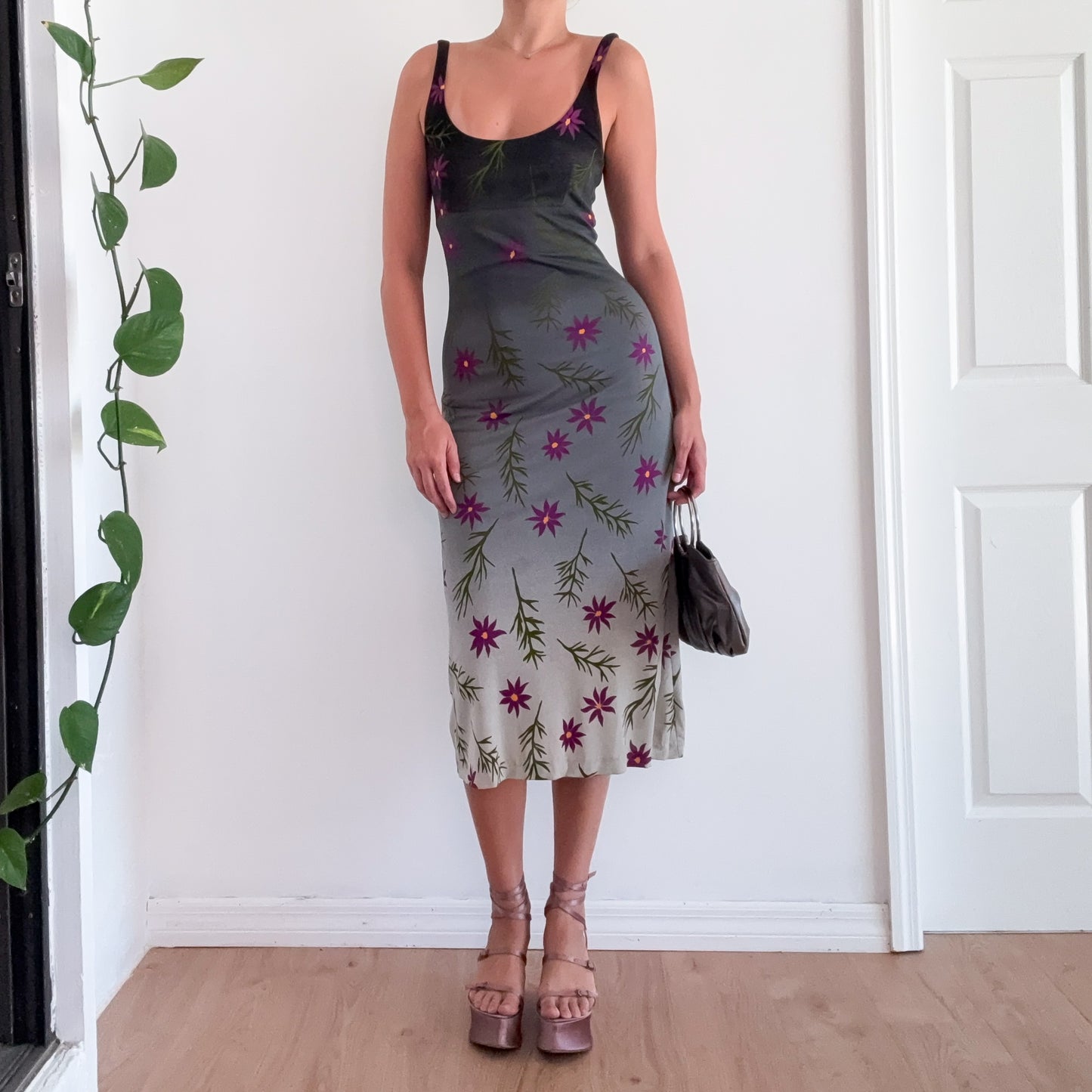Y2K Nicole Miller Grey & Purple Flower Dress / SZ M