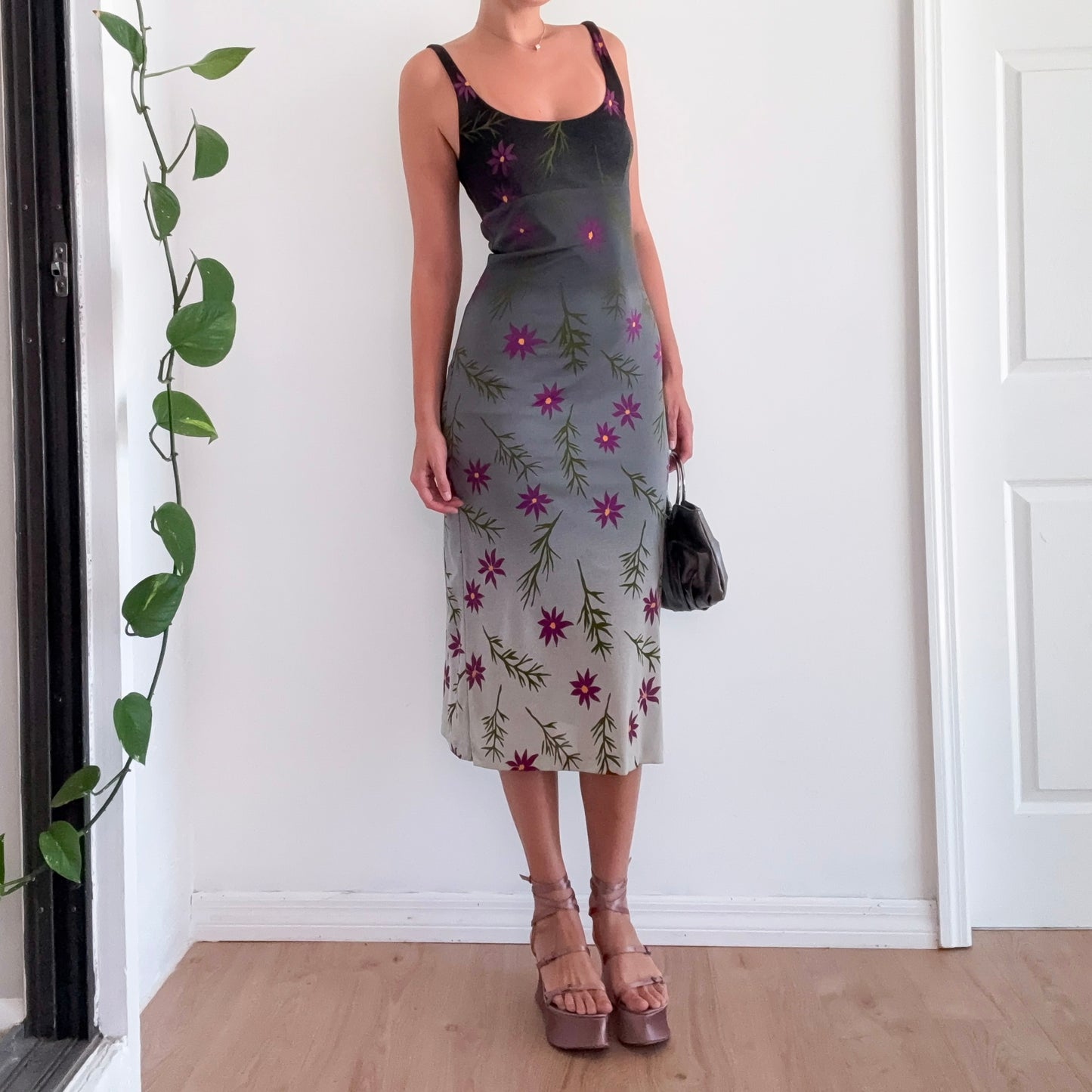 Y2K Nicole Miller Grey & Purple Flower Dress / SZ M