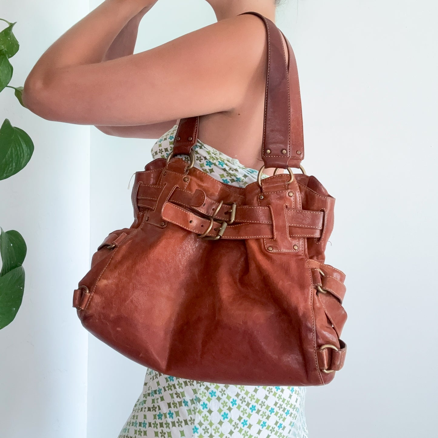 Y2K Light Brown Leather Buckle Handbag