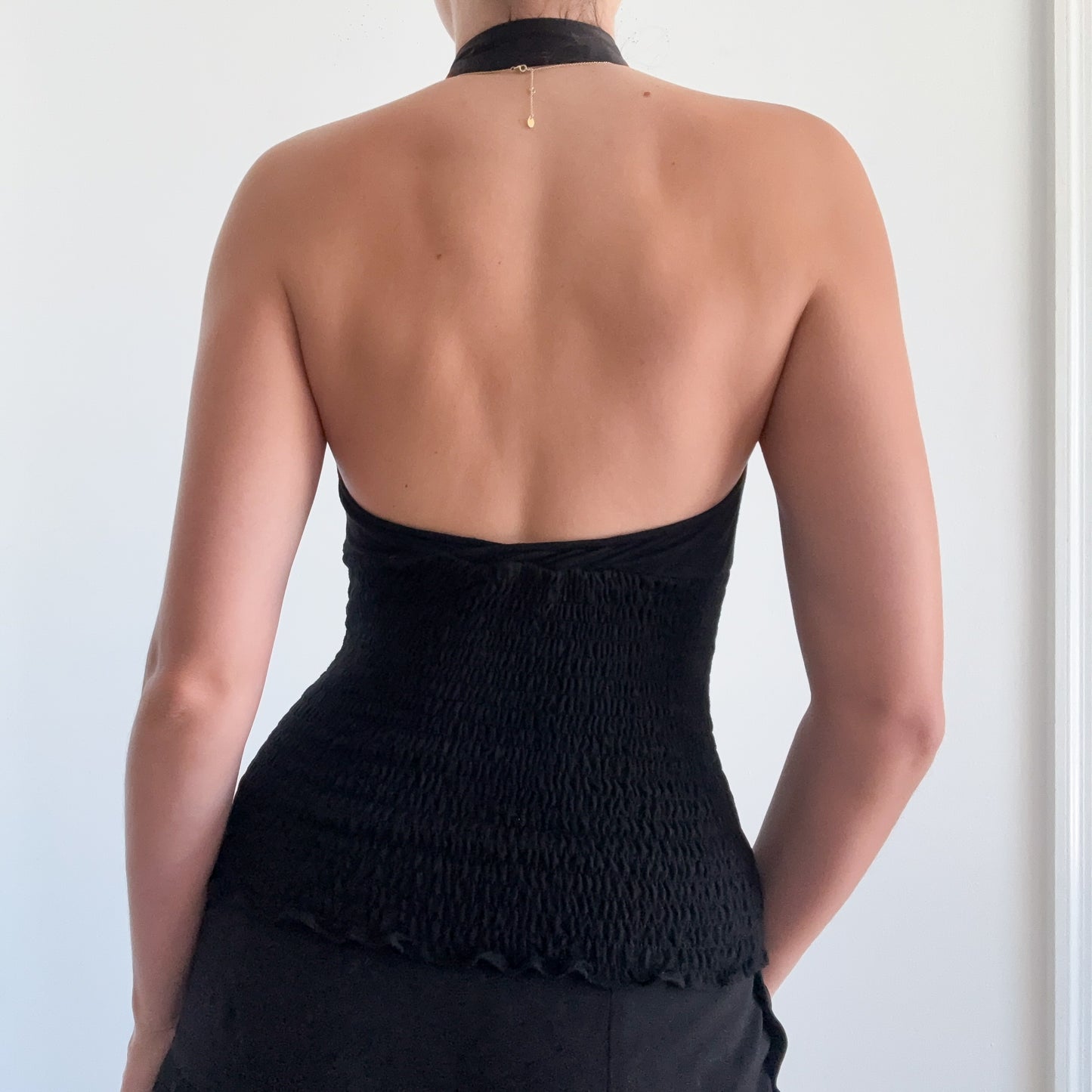 Y2K Black Contrast Smocked Halter Top / SZ XS/S