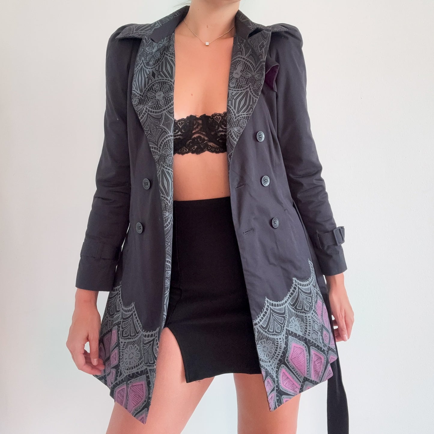 Y2K Desigual Black & Purple Trench Coat / SZ XS/S