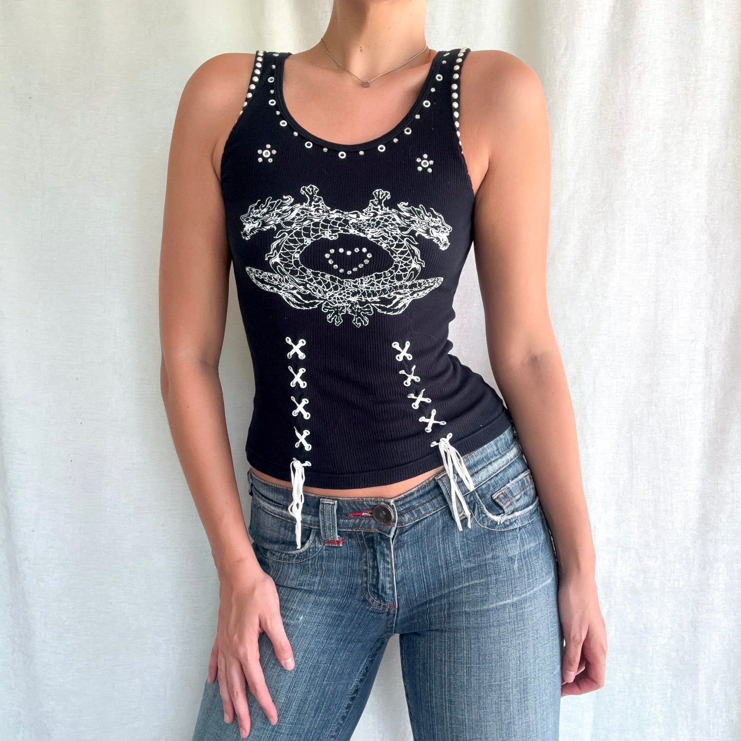 Y2K Black Lace Up Embellished Tank / SZ S
