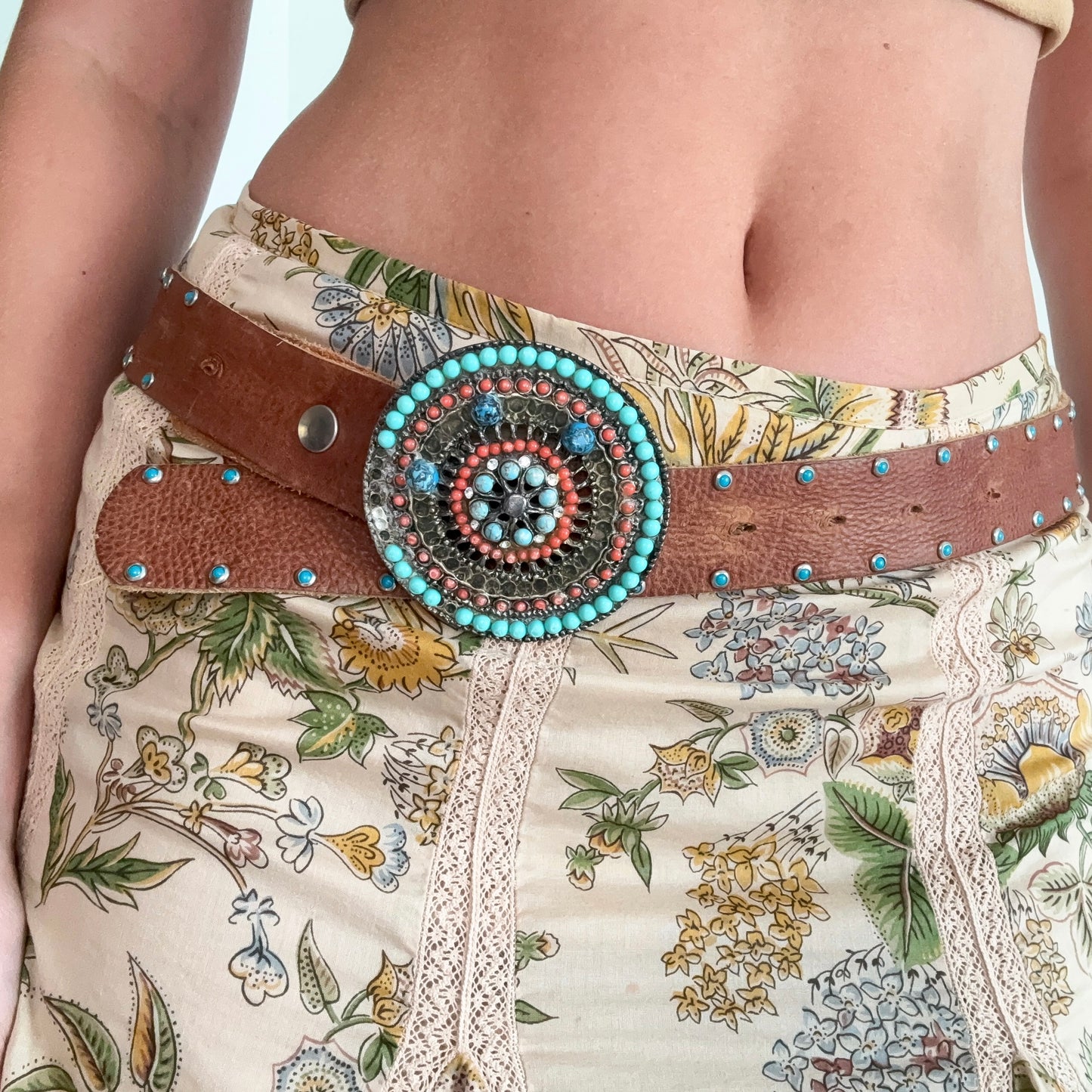 Y2K Light Brown Suede Turquoise Studded Belt / SZ M/L