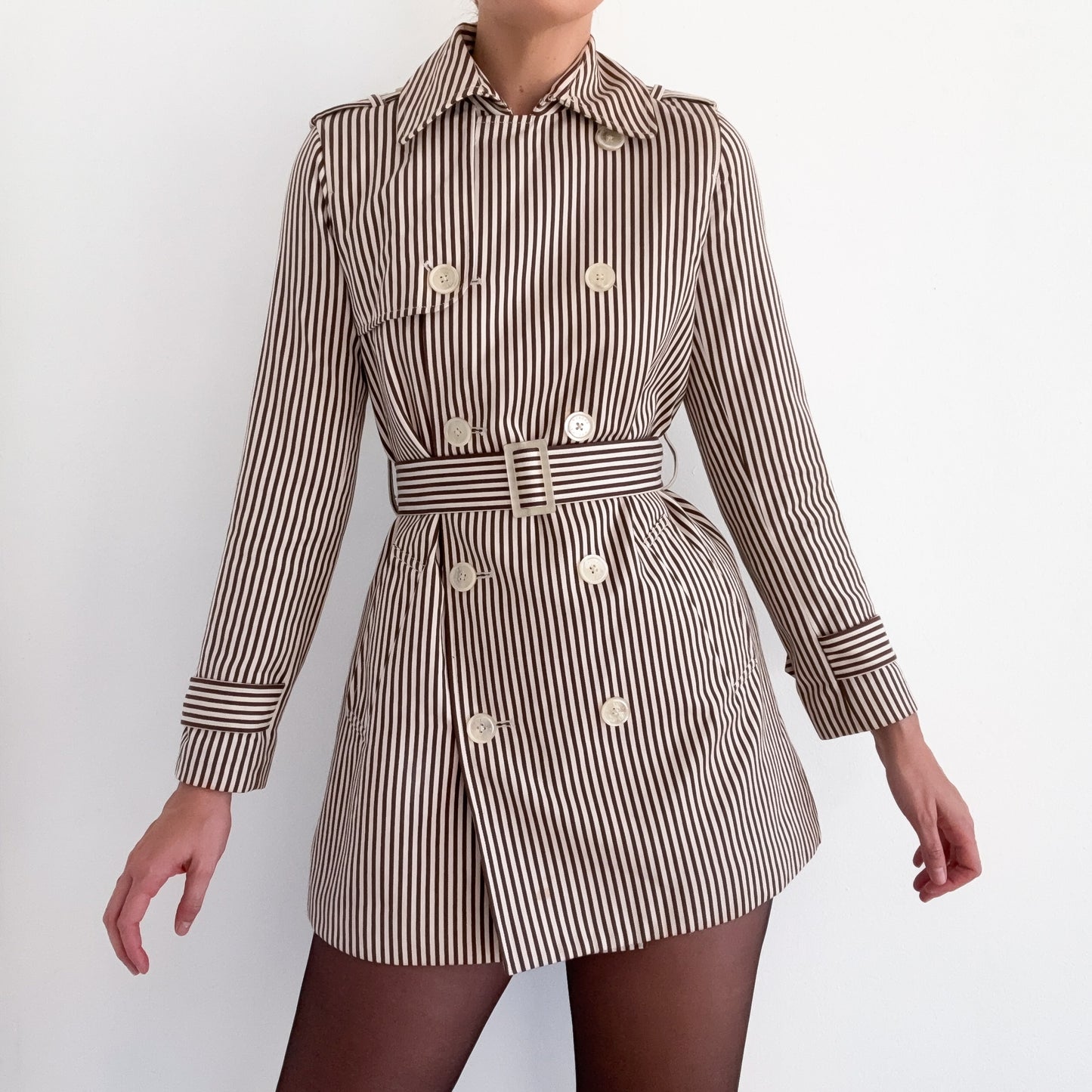 Y2K Brown & Cream Striped Cotton Trench Coat / SZ S