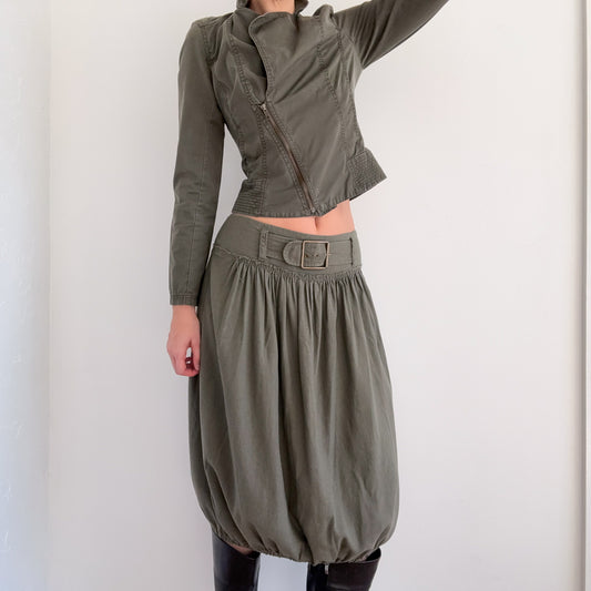 Y2K Army Green Cotton Bubble Midi Skirt / SZ S/M