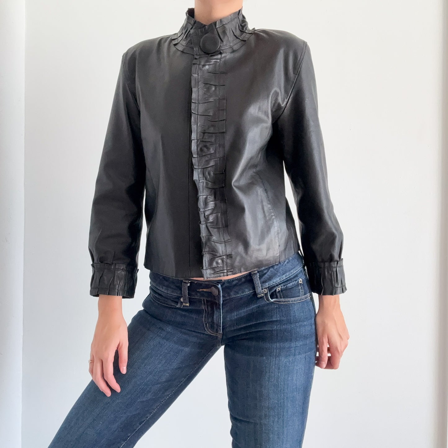 Y2K Black Leather Ruffle Jacket / SZ M