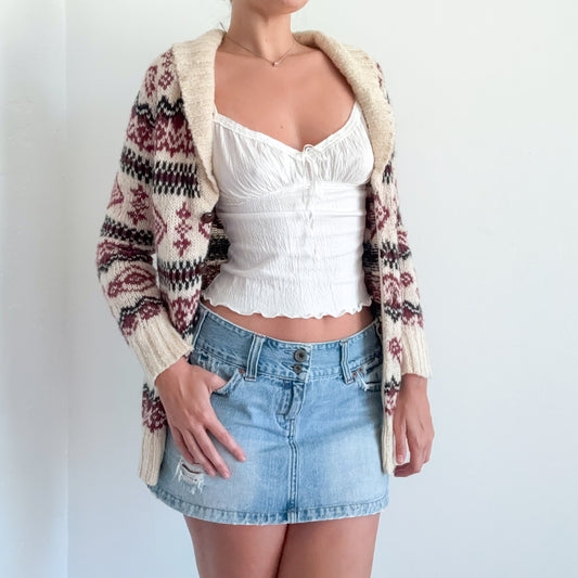 Y2K Ivory & Maroon Printed Knit Sweater Cardigan / SZ S