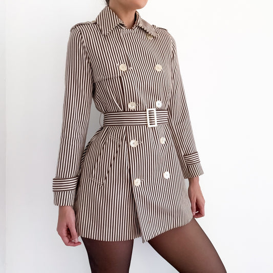 Y2K Brown & Cream Striped Cotton Trench Coat / SZ S