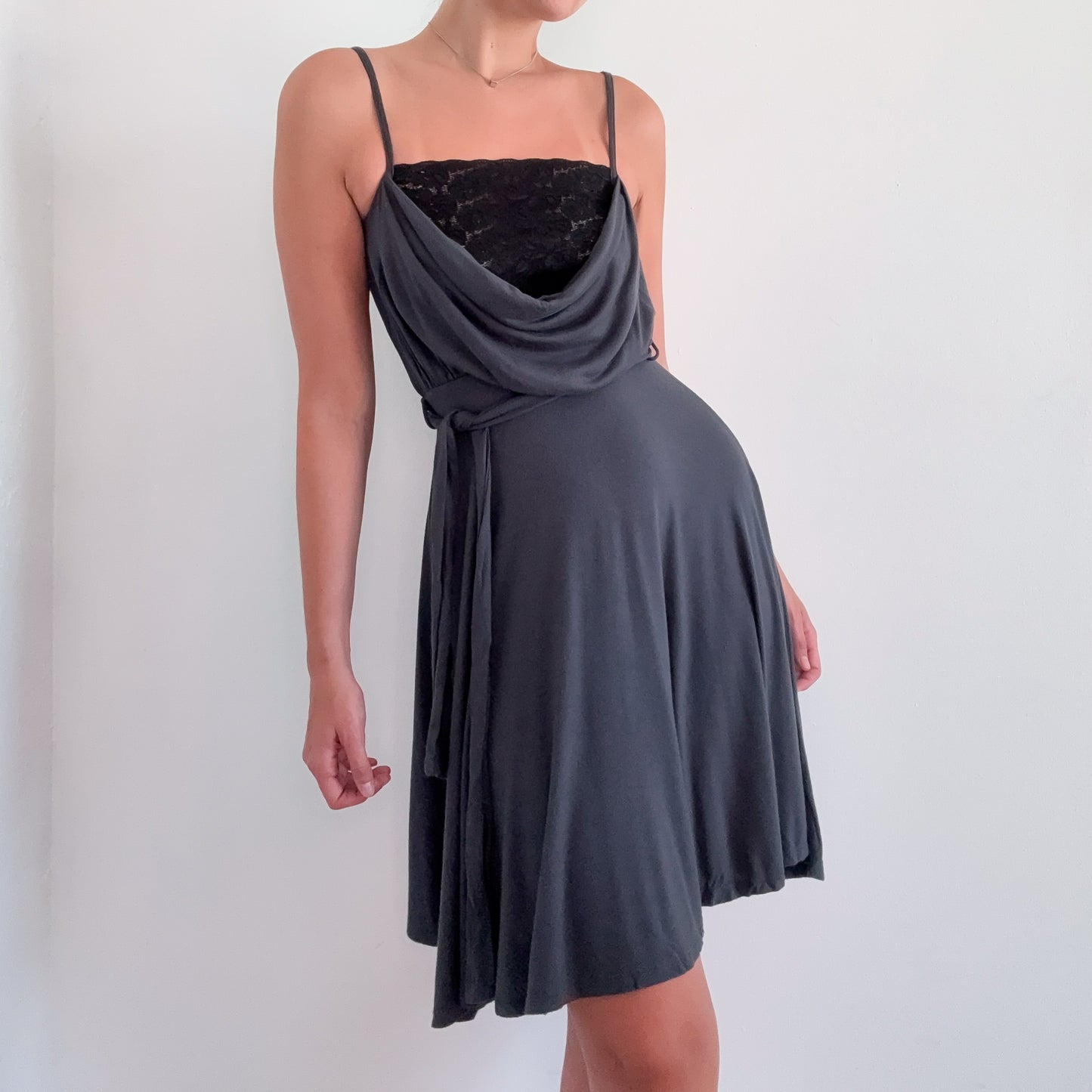 Y2K Grey Modal Lace Draped Dress / SZ S